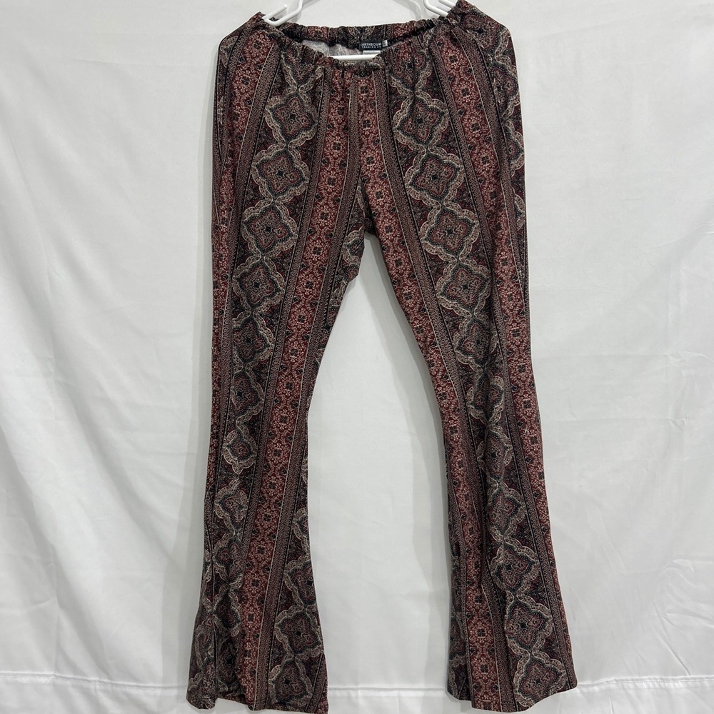 Earthbound Trading Co Womens XL Burgundy Paisley Flare Bell Bottom Boho Pants